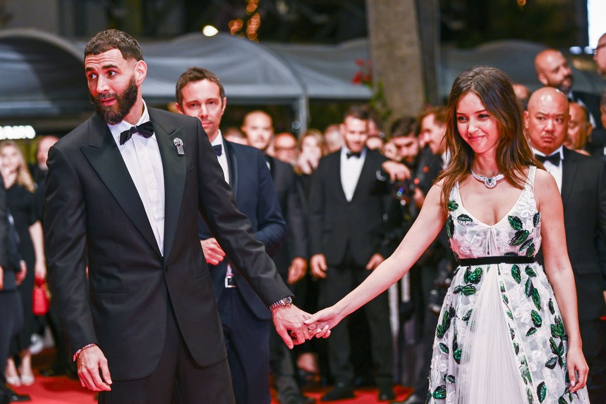 CANNES, FRANCE - MAY 23: Karim Benzema and Lyna Khoudri attend the "13 Jours 13 Nuits" red carpet at the 78th annual Cannes Film Festival at Palais des Festivals on May 23, 2025 in Cannes, France. (Photo by Stephane Cardinale - Corbis/Corbis via Getty Images)