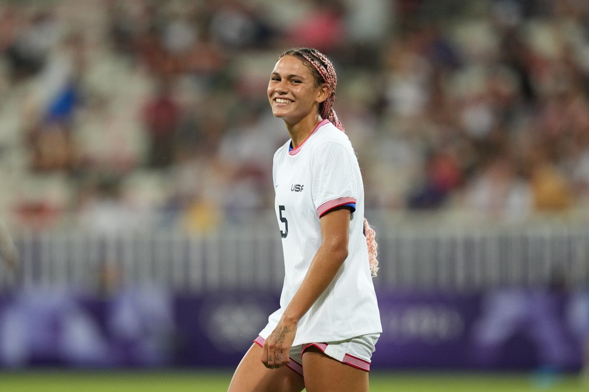 Trinity Rodman, #5 of the United States, smiles during the second half of the Women's group B match between the United States and Zambia during the Olympic Games Paris 2024 at Stade de Nice on July 25, 2024, in Nice, France. 