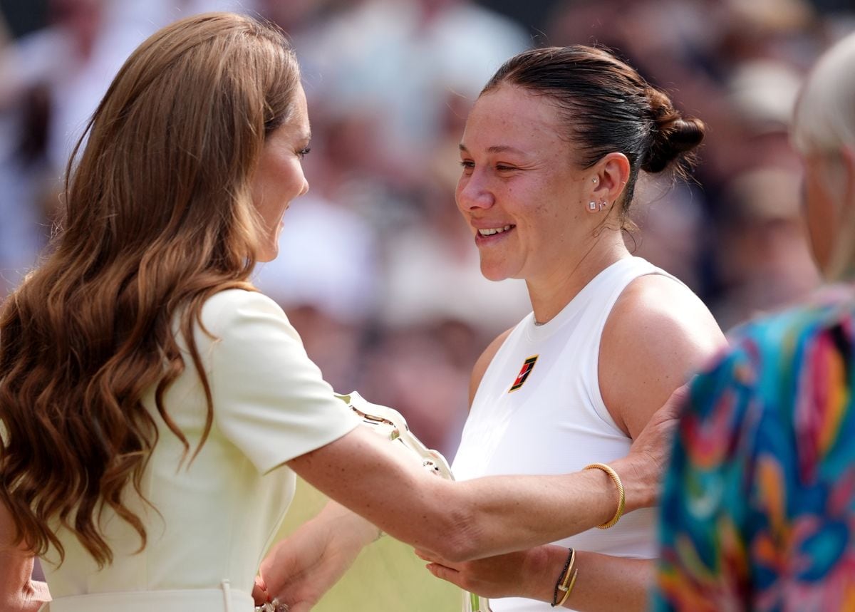 The Princess of Wales consoles Amanda Anisimova following the Ladies' Singles Final on day thirteen of the 2025 Wimbledon Championships at the All England Lawn Tennis and Croquet Club, London. Picture date: Saturday July 12, 2025. (Photo by John Walton/PA Images via Getty Images)