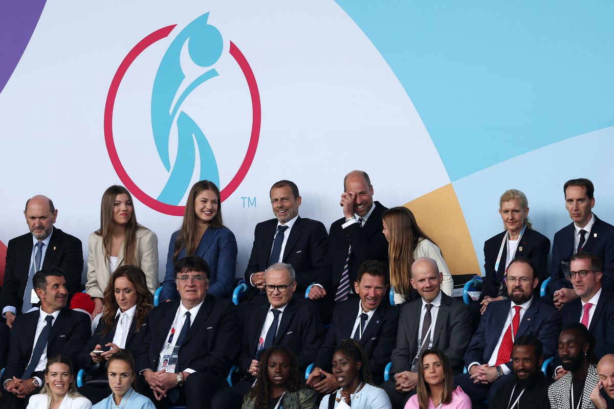 BASEL, SWITZERLAND - JULY 27: (L-R) Crown Princess Leonor of Spain and her sister, Princess Sofia of Spain, Aleksander Ceferin, President of UEFA, Prince William, Prince of Wales, Princess Charlotte, Debbie Hewitt MBE, Chair of the Football Association and Mark Bullingham, Chief Executive Officer (CEO) of the Football Association are seen in attendance prior to the UEFA Women's EURO 2025 Final match between England and Spain at St. Jakob-Park on July 27, 2025 in Basel, Switzerland. (Photo by Eddie Keogh/Getty Images)