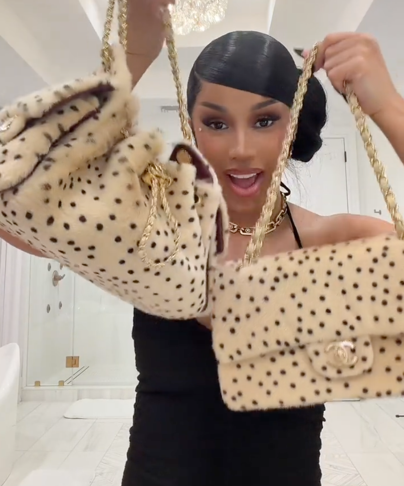 The light beige and black purse features a bold animal print and gold chain strap. 