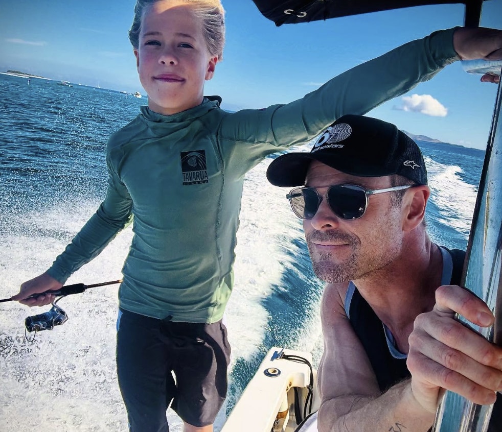 Hemsworth and his son enjoyed various water-baed activities, including fishing