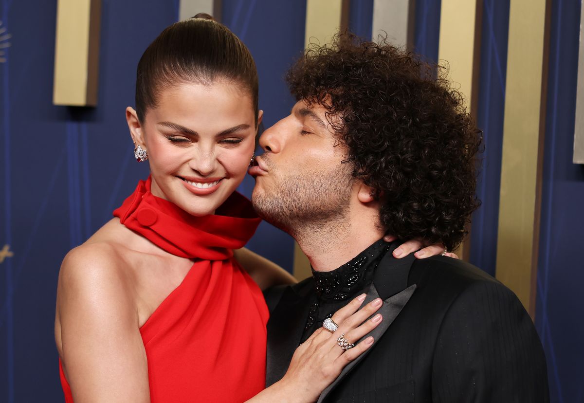 Selena Gomez and Benny Blanco on the red carpet at the 77th Primetime Emmy Awards