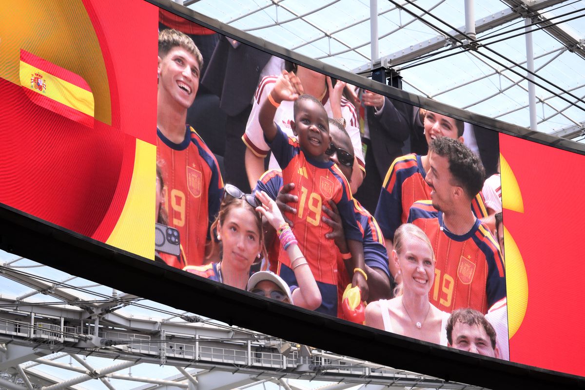 Keyne is seen on the screen during the FIFA World Cup 2026 Quarter Final match between Spain and Belgium