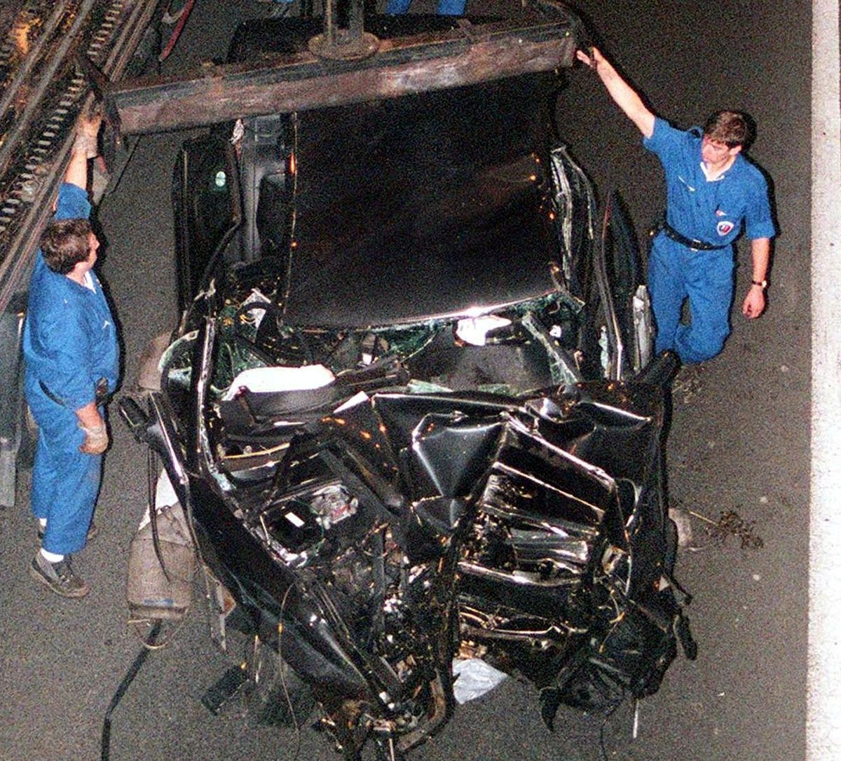 Photo taken 31 August 1997 shows the wreck of the Mercedes in which British Princess Diana, her friend, Dodi al-Fayed, and their chauffeur, Henri Paul, died in a high-speed crash while fleeing press photographers in the Alma bridge tunnel.
