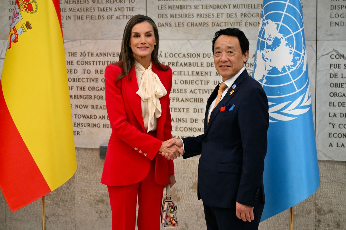 FAO Director-General Qu Dongyu welcomes Spain's Queen Letizia at the World Food Day ceremony at the Food and Agriculture Organization of the United Nations