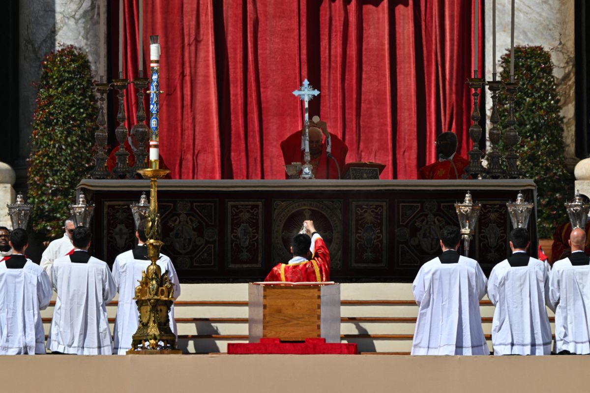 Cardinal Giovanni Battista Re (Rear) celebrates the Eucharist as he presides over Pope Francis' funeral ceremony at St Peter's Square in the Vatican, on April 26, 2025. (Photo by Andreas SOLARO / AFP) (Photo by ANDREAS SOLARO/AFP via Getty Images)          