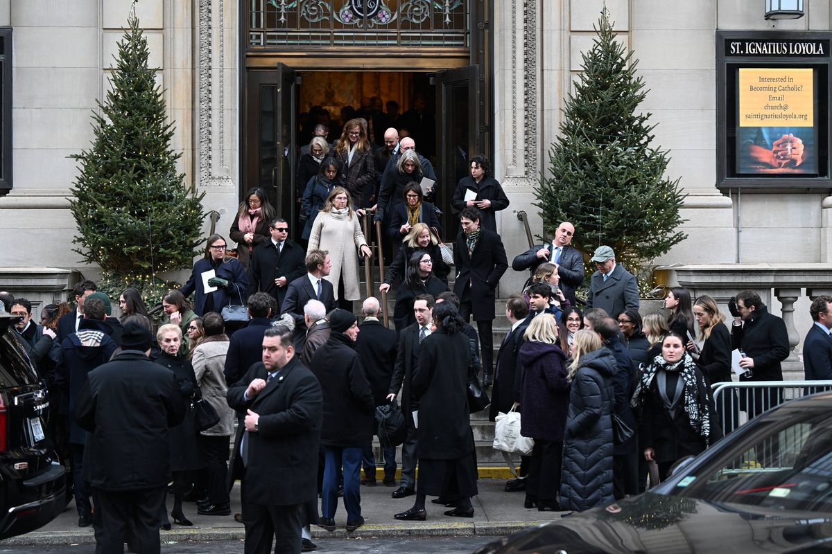 The Kennedy family are joined by politicians and powerful guests as they depart the funeral of Tatiana Schlossberg at The Church of St. Ignatius Loyola. 