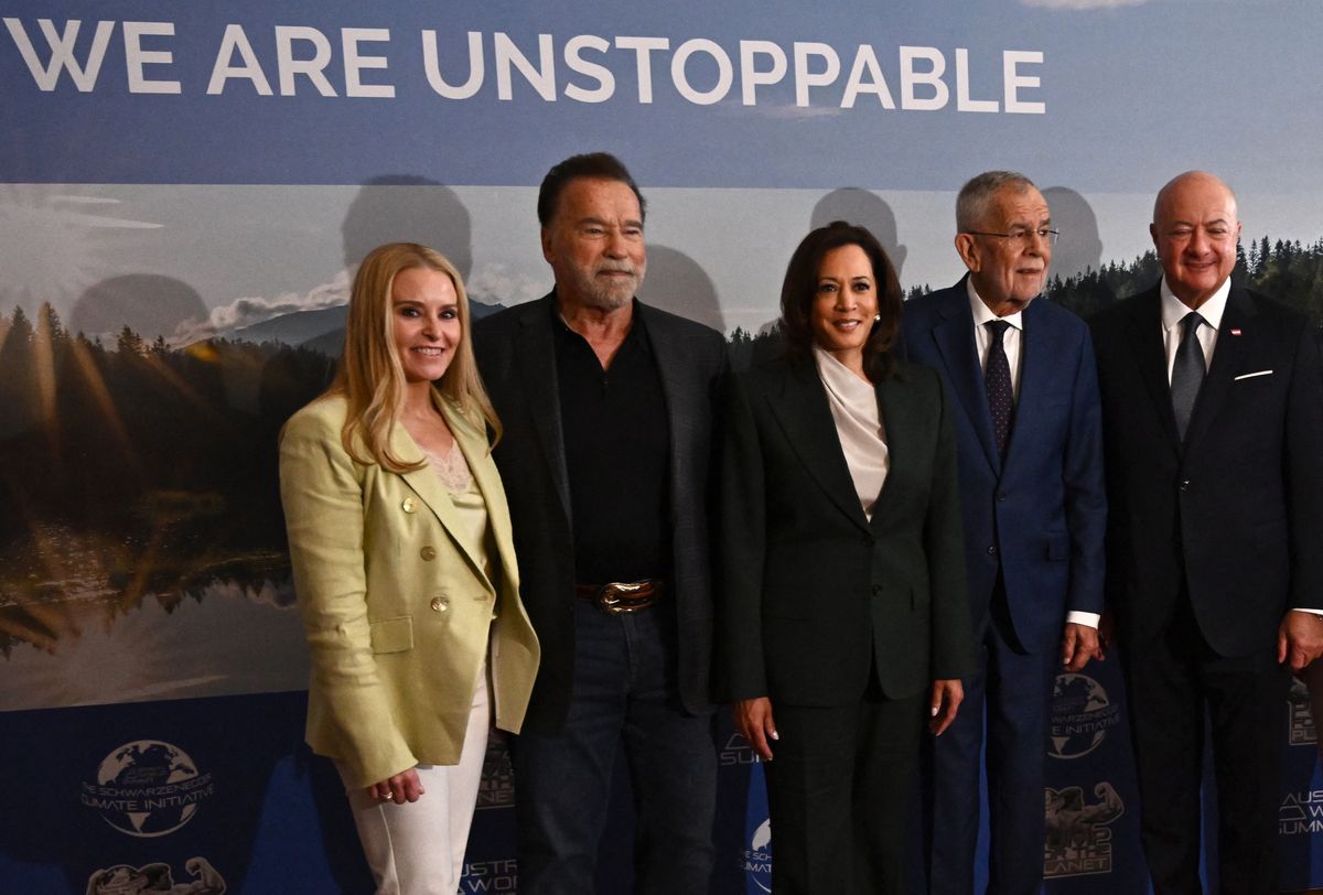 Heather Milligan, Arnold Schwarzenegger, former Vice President Kamala Harris, Austrian President Alexander Van der Bellen, and Austrian Chancellor Christian Stocker