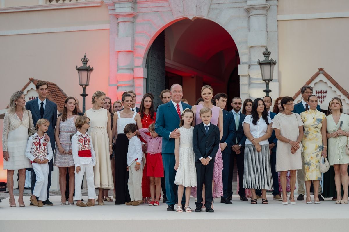 MONACO, MONACO - JULY 19: (EDITOR'S NOTE : NO TABLOIDS WEB & PRINT, NO DAILY MAIL, NO DAILY MAIL GROUP, NO BILD, NO CHI, NO VOICI, NO CLOSER) Princess Caroline of Hanover, Ben Sylvester Strautmann, Stefano Ercole Carlo Casiraghi, Alexandra of Hanover, Francesco Casiraghi,  Beatrice Borromeo, Charlotte Casiraghi, Balthazar Casiraghi-Rassam, Tatiana Santo Domingo, Andrea Casiraghi, Prince Albert II of Monaco, Prince Jacques Grimaldi, Princess Gabriella Grimaldi, Princess Charlene of Monaco, Louis Ducruet, Marie Chevallier, Princess Stephanie of Monaco, Pauline Ducruet and Camille Goetlieb attend the celebration of Prince Albert's 20 years on the throne on July 19, 2025 in Monaco, Monaco. (Photo by Stephane Cardinale - Corbis/Corbis via Getty Images)