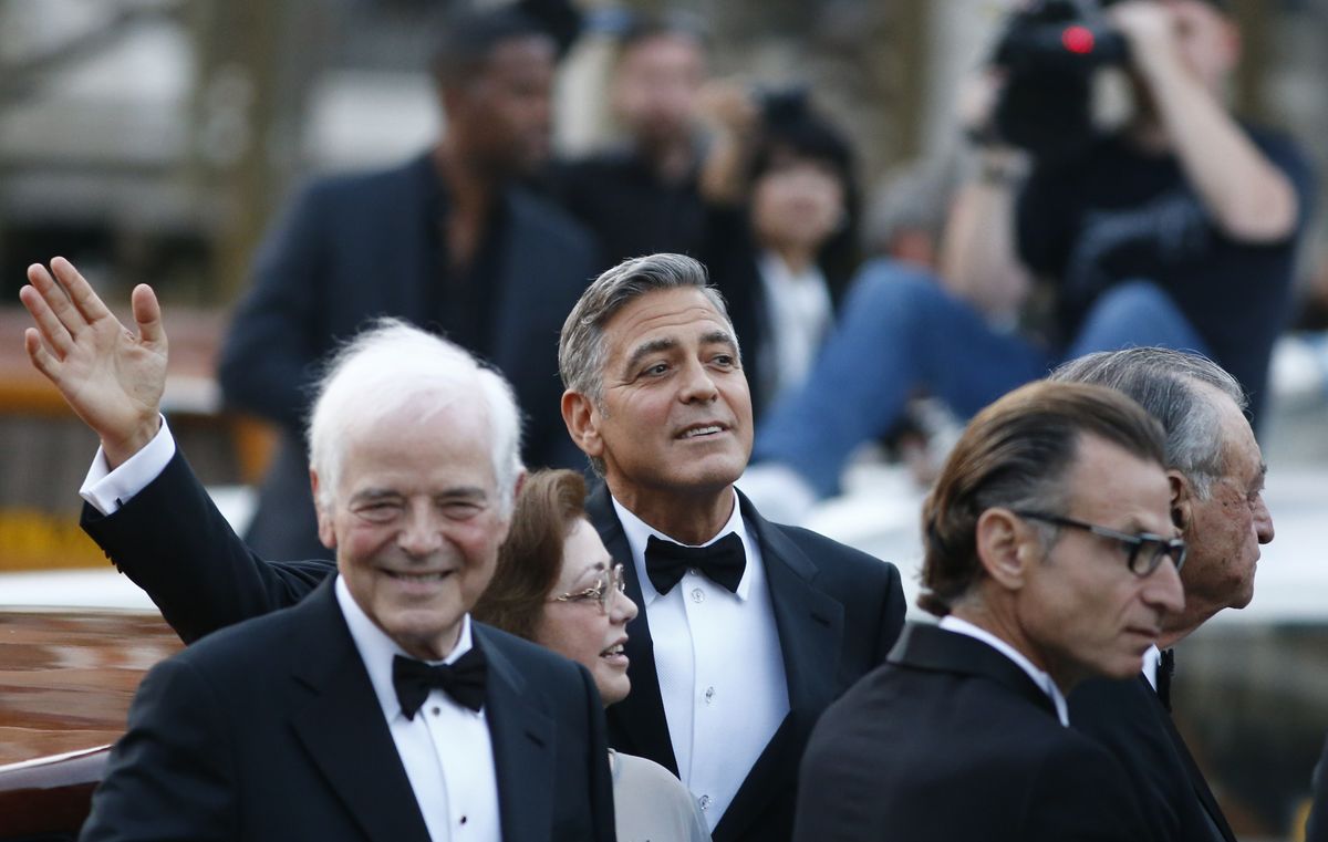 George Clooney and his family arriving in Venice during his wedding to Amal Clooney in 2014