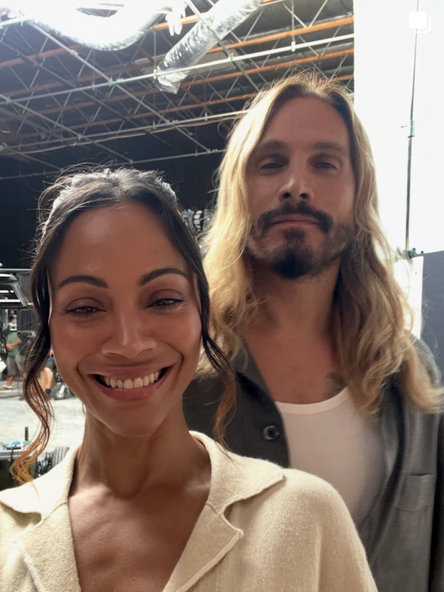 Saldaña shares her three sons, Zen and 10-year-old twins Cy and Bowie, with husband Marco Perego.