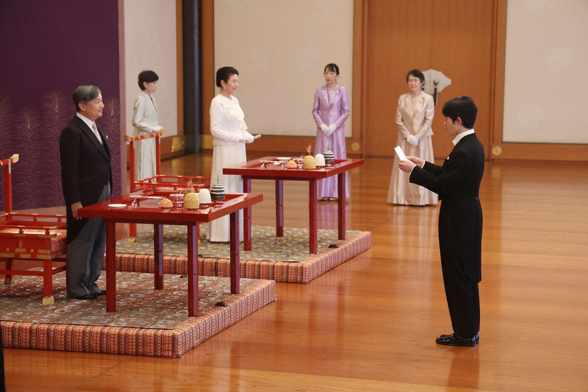 Japan's Prince Hisahito greets Emperor Naruhito and d Empress Masako as he attends his coming-of-age ceremony, Choken-no-Gi, at the Imperial Palace in Tokyo on September 6, 2025