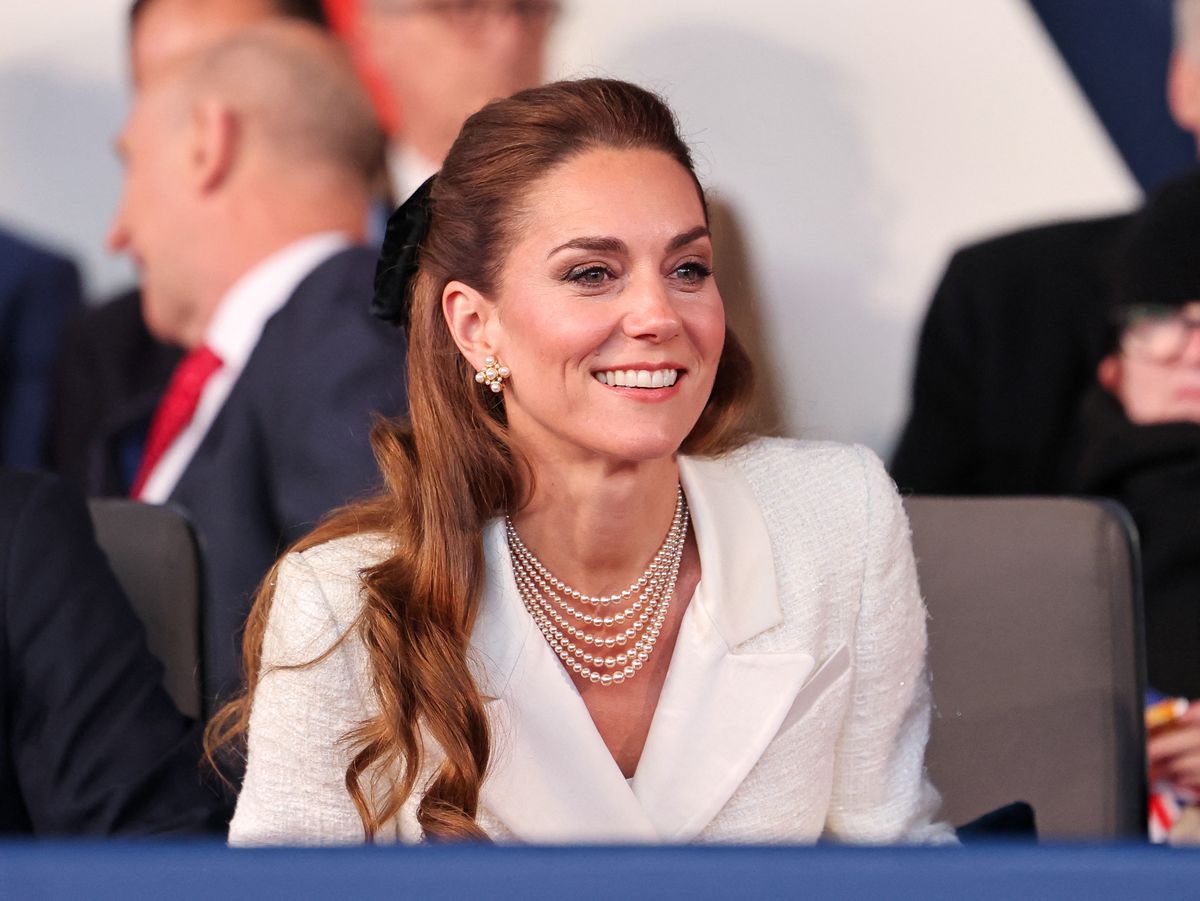 Britain's Catherine, Princess of Wales smiles during the celebratory concert to mark the 80th anniversary of VE Day, or Victory in Europe Day, marking the end of the Second World War in Europe, at Horse Guards Parade in London on May 8, 2025. (Photo by Chris Jackson / POOL / AFP) (Photo by CHRIS JACKSON/POOL/AFP via Getty Images)          