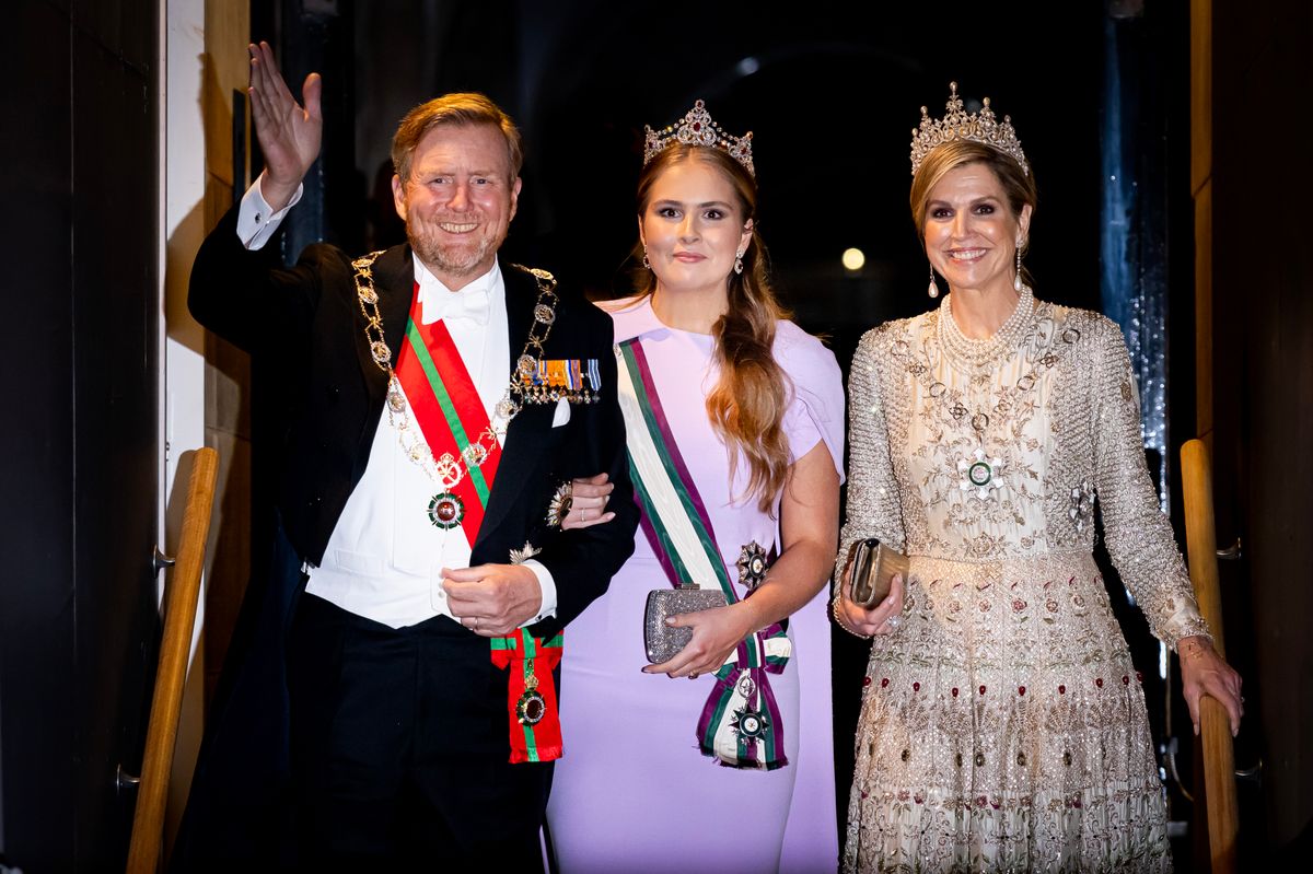 AMSTERDAM, NETHERLANDS - APRIL 15: King Willem-Alexander of The Netherlands, Princess Amalia of The Netherlands and Queen Maxima of The Netherlands attend a state banquet for Sultan Haitham bin Tarik at the Royal Palace at the start of the Sultan's state visit on April 15, 2025 in Amsterdam, Netherlands. (Photo by Patrick van Katwijk/WireImage)
