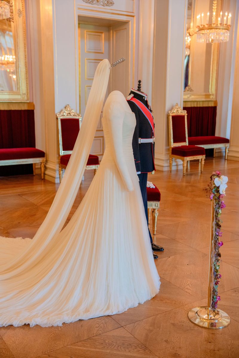 Mette-Marit wore the elegant ecru silk gown when she married Crown Prince Haakon on August 25, 2001.