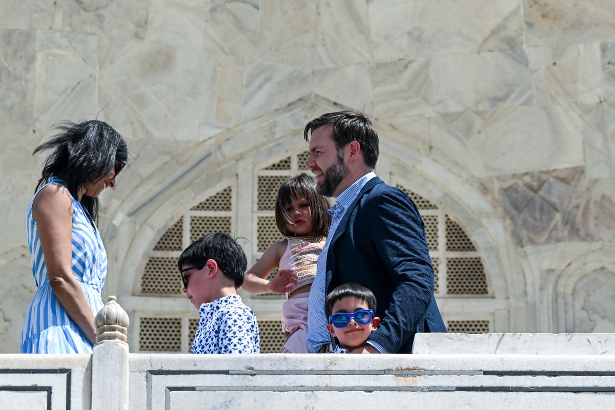 US Vice President JD Vance, his wife Usha Vance, daughter Mirabel, sons Ewan and Vivek (R) visit the Taj Mahal in Agra on April 23, 2025. Vance said on April 22 that "good progress" had been made towards a trade deal with India after meeting with "tough negotiator" Prime Minister Narendra Modi in New Delhi. 