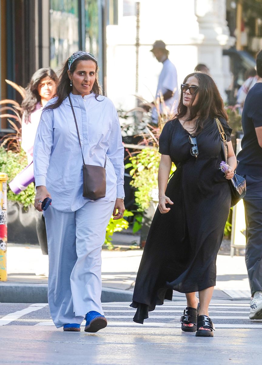 Actress Salma Hayek was spotted out in New York City alongside Sheikha Al-Mayassa bint Hamad bin Khalifa Al Thani, sister of Quatar's ruler. Hayek wore a black dress paired with matching black platform sandals and carried a black handbag.