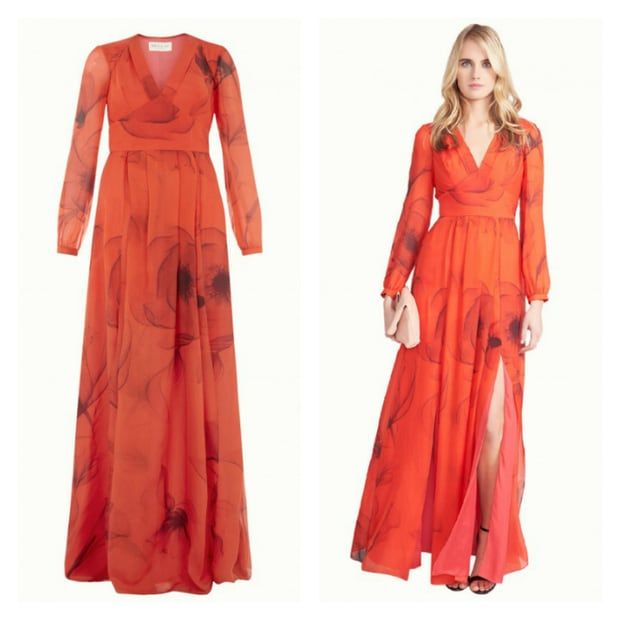 The V neck, pleated chiffon gown features poppy flowers and a slit.
<br>
Photo: BeulahLondon.com