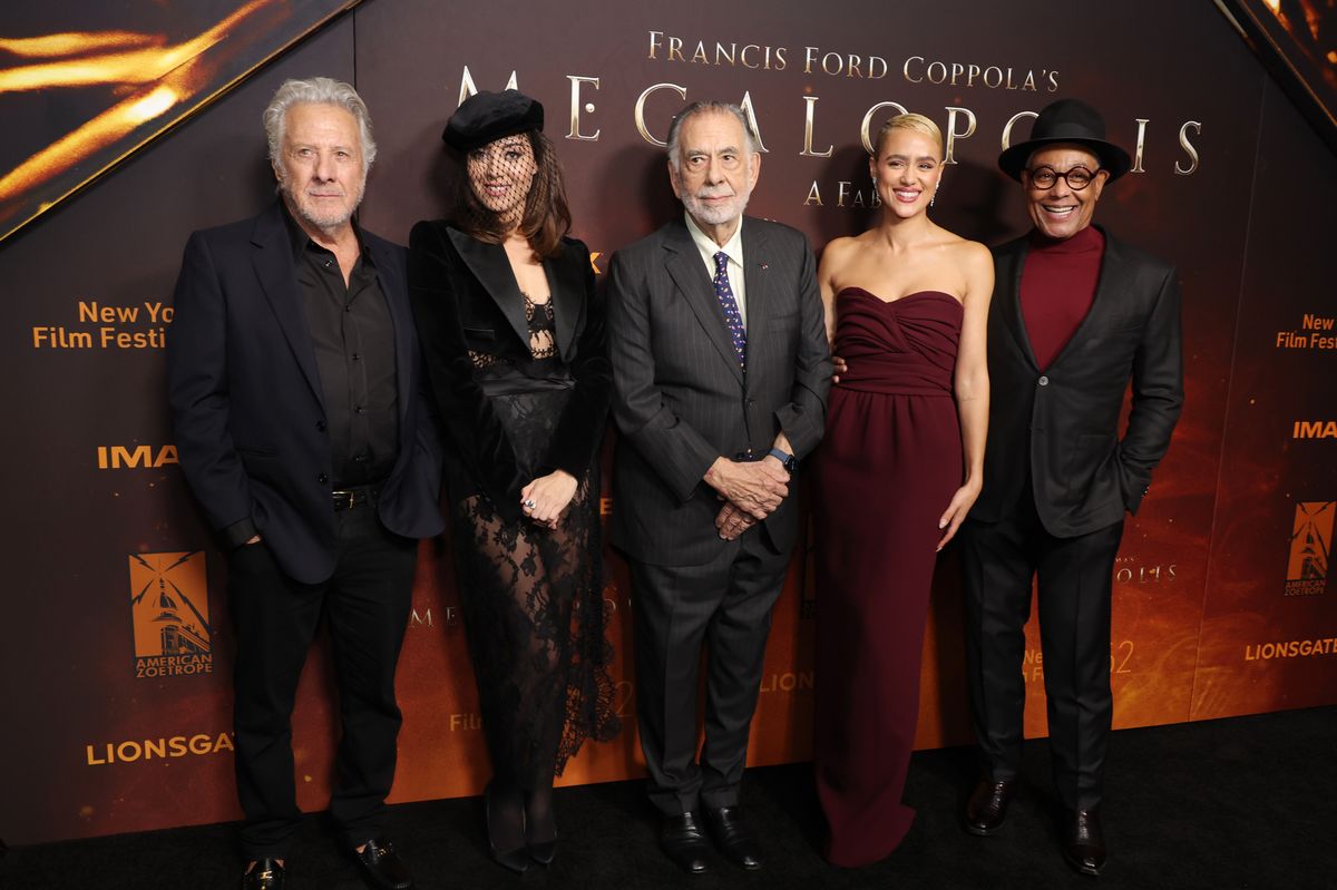 (L-R) Dustin Hoffman, Aubrey Plaza, Francis Ford Coppola, Nathalie Emmanuel and Giancarlo Esposito attend the "Megalopolis" premiere at AMC Lincoln Square Theater on September 23, 2024 in New York City.