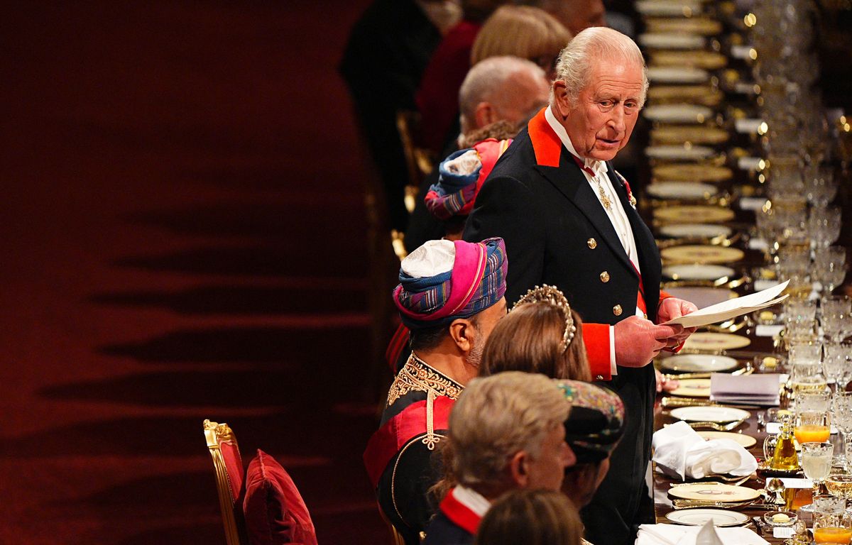 Britain's King Charles III delivers a speech during the State Banquet at Windsor Castle, Windsor, on October 20, 2026, the first day of a three-day State Visit to the United Kingdom by The Sultan of Oman.