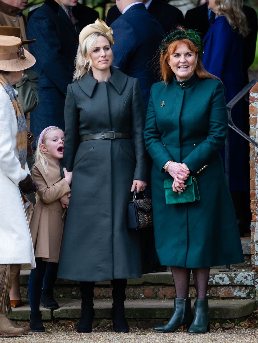 Lena Tindall, Zara Tindall and Sarah, Duchess of York, attend the Christmas Morning Service at Sandringham Church on December 25, 2023, in Sandringham, Norfolk.