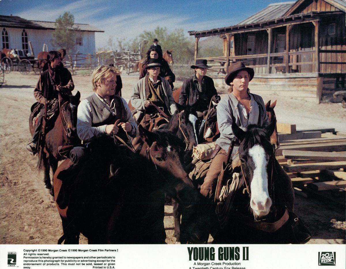 1988:  Actors Kiefer Sutherland and Emilio Estevez star in the film 'Young Guns'.  (Photo by Michael Ochs Archives/Getty Images)