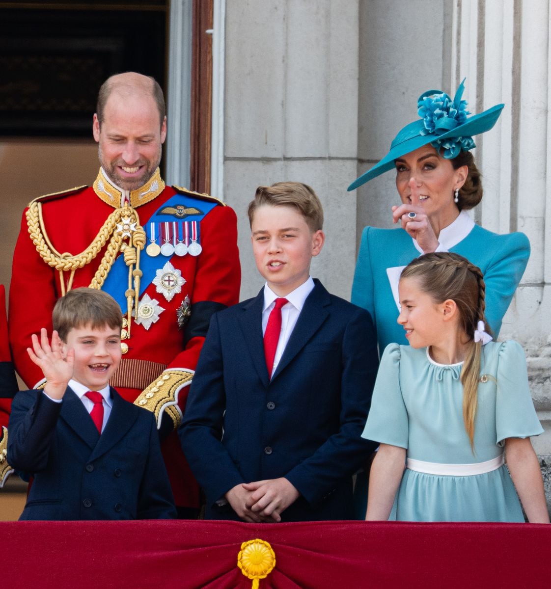 LONDON, ENGLAND - JUNE 14: Prince Louis of Wales, Prince William, Prince of Wales, Prince George of Wales, Catherine, Princess of Wales and Princess Charlotte of Wales during Trooping The Colour 2025 on June 14, 2025 in London, England. Trooping The Colour is a ceremonial parade celebrating the official birthday of the British Monarch. The event features over 1,400 soldiers and officers, accompanied by 200 horses. More than 400 musicians from ten different bands and Corps of Drums march and while performing. (Photo by Samir Hussein/WireImage)