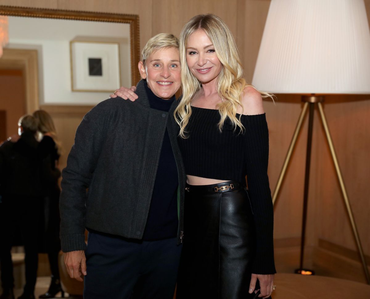 Ellen DeGeneres and Portia de Rossi are seen as RH Celebrates The Unveiling of RH San Francisco, The Gallery at the Historic Bethlehem Steel Building on March 17, 2022 in San Francisco, California. (Photo by Kelly Sullivan/Getty Images for RH)