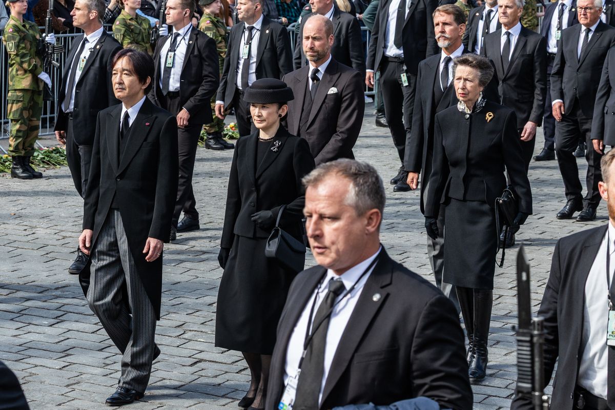 Prince William, Prince of Wales, Princess Anne, Princess Royal, Crown Prince Akishino and Princess Kiko during the funeral of King Harald V of Norway
