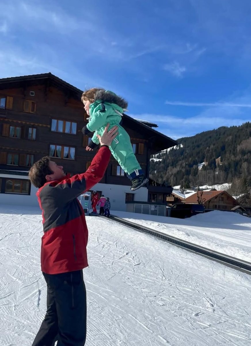 Jack Brooksbank shares a playful moment with his son Ernest during a family ski getaway.