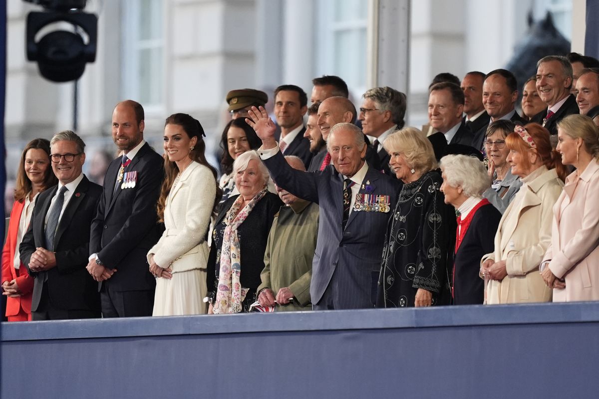 (front row left to right) Lady Victoria Starmer, Prime Minister Sir Keir Starmer, the Prince of Wales, th Princess of Wales, Penny Richardson, Harry Richardson, King Charles III, Queen Camilla, Mavis Bensley, guest and the Duchess of Edinburgh during the concert celebrating the 80th Anniversary of VE Day, held at the historic Horse Guards Parade in central London. Picture date: Thursday May 8, 2025. (Photo by Jordan Pettitt/PA Images via Getty Images)