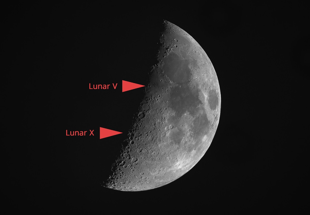 Lunar X and Lunar V recorded on a Skywatcher 150/750 with a ASI294MC Pro on May 29, 2020, in Mainz, Germany