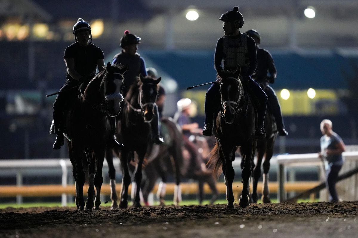 Horses exit the track following a morning training session ahead of the 151st Kentucky Derby at Churchill Downs on May 02, 2025 in Louisville, Kentucky.