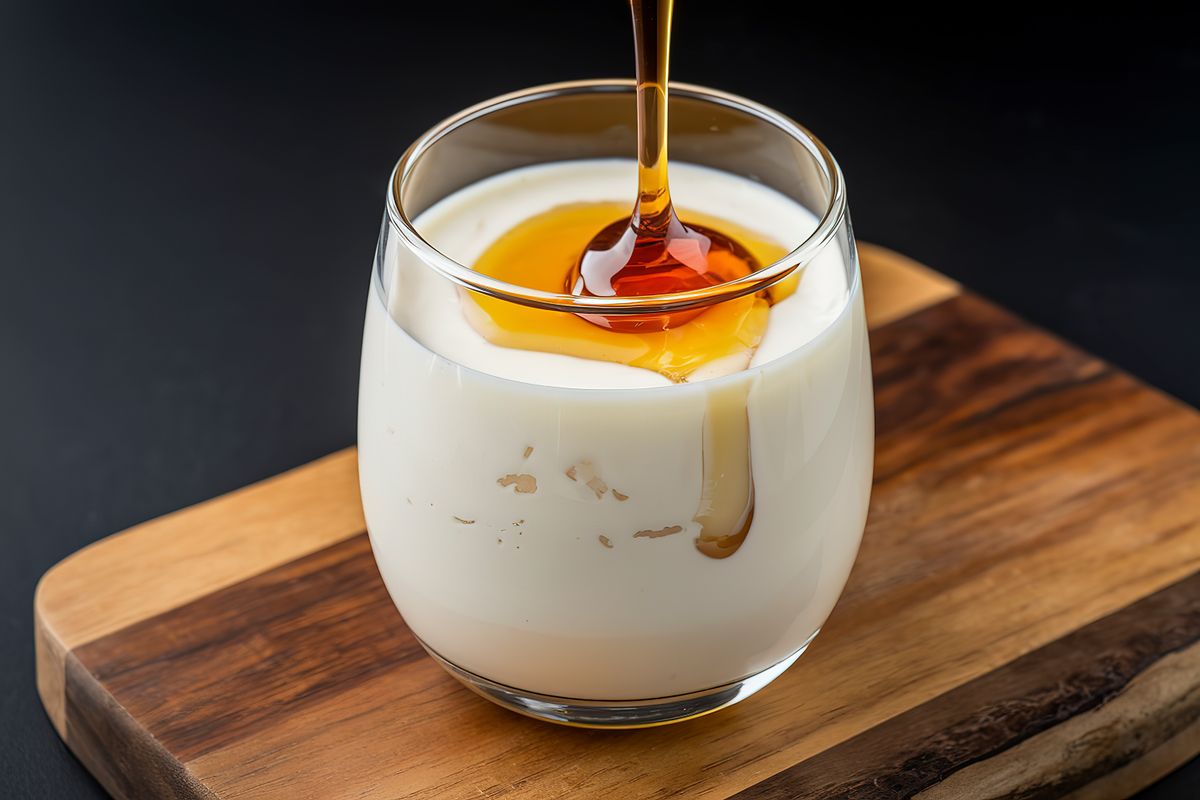 a glass filled with homemade yogurt and drizzled with natural honey