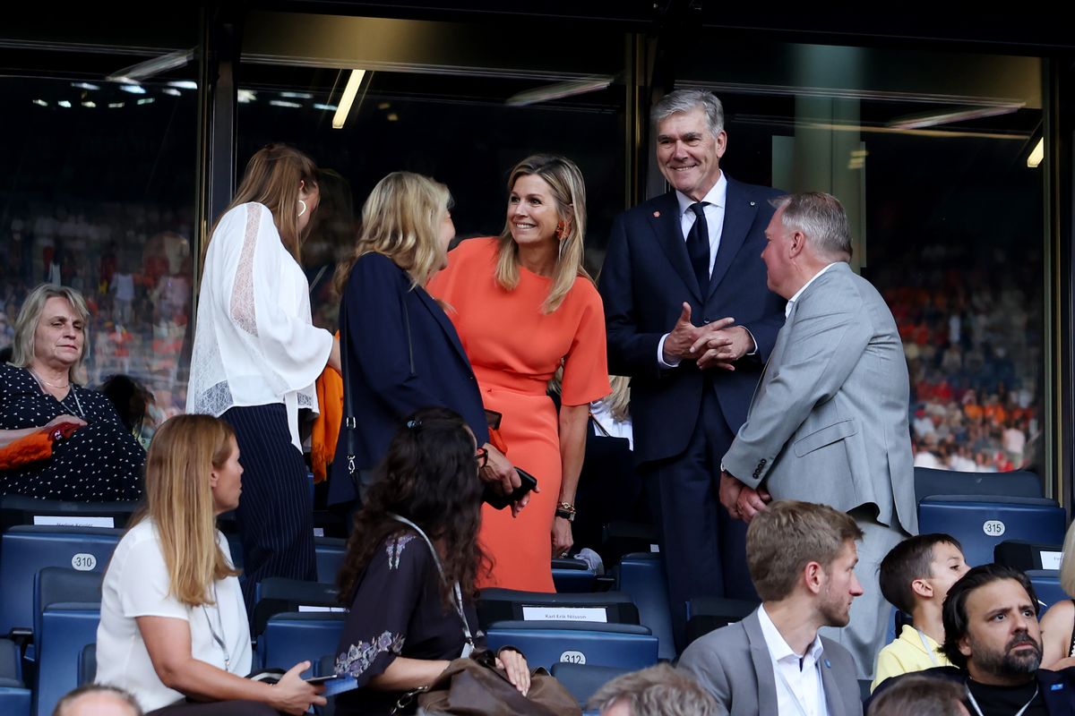 Princess Ariane of The Netherlands, Queen Maxima of the Netherlands and Frank Paauw, President of the Royal Netherlands Football Association, are seen in attendance during the UEFA Women's EURO 2025 Group D match between Wales and Netherlands 