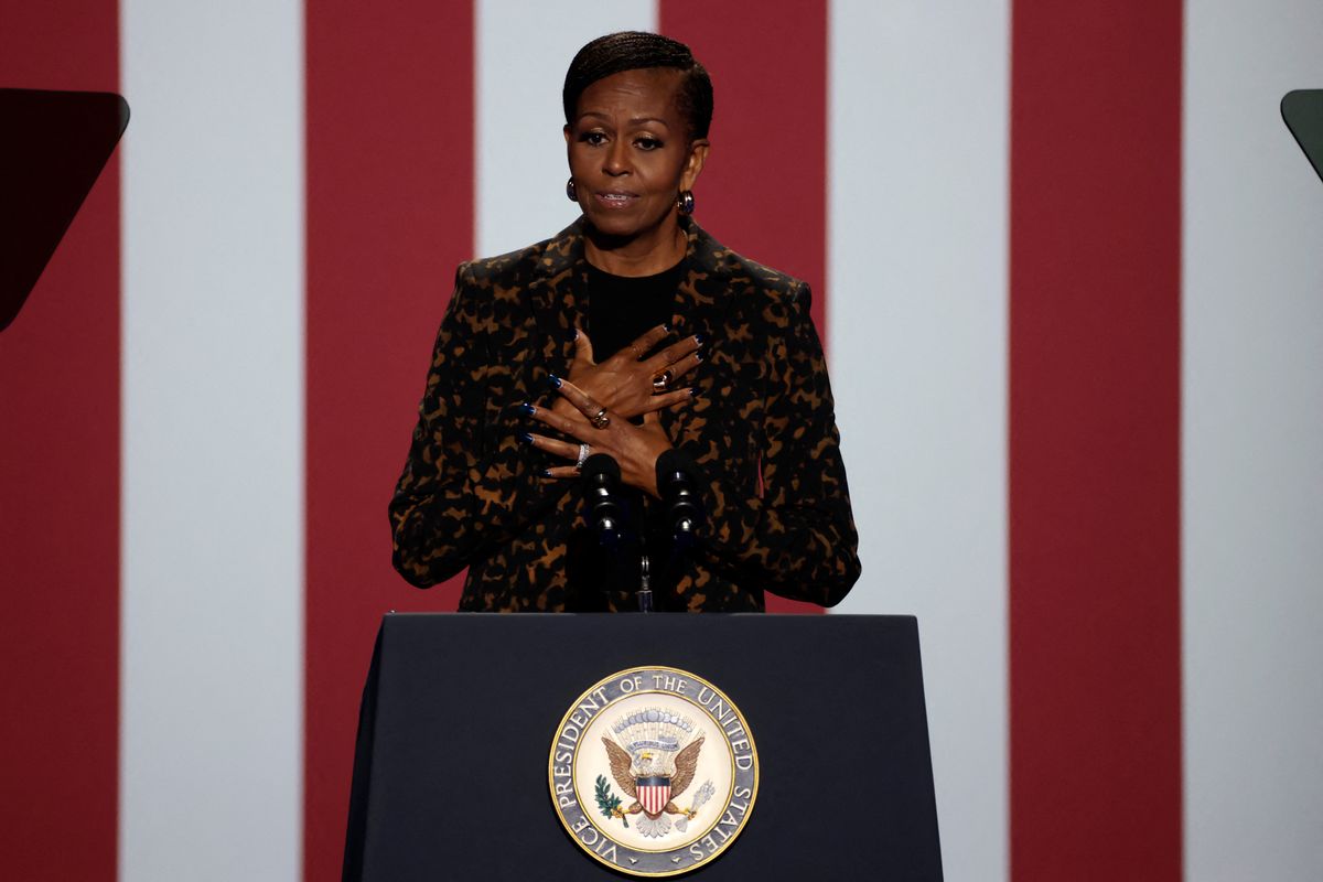 Former US First Lady Michelle Obama introduces US Vice President and Democratic presidential candidate Kamala Harris at a campaign rally at the Wings Event Center in Kalamazoo, Michigan on October 26, 2024. 