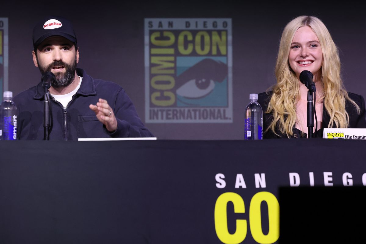 Director Dan Trachtenberg, and Elle Fanning participate in the Predator: Badlands panel in Hall H at San Diego Comic Con on July 25, 2025