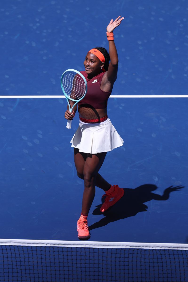 Coco Gauff of the United States acknowledges the crowd after defeating Magdalena Frech of Poland during their Women's Singles Third Round match on Day Seven of the 2025 US Open