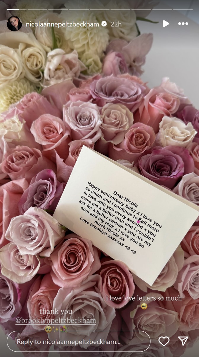 Nicola shared a photo of the note Brooklyn left her to celebrate their anniversary