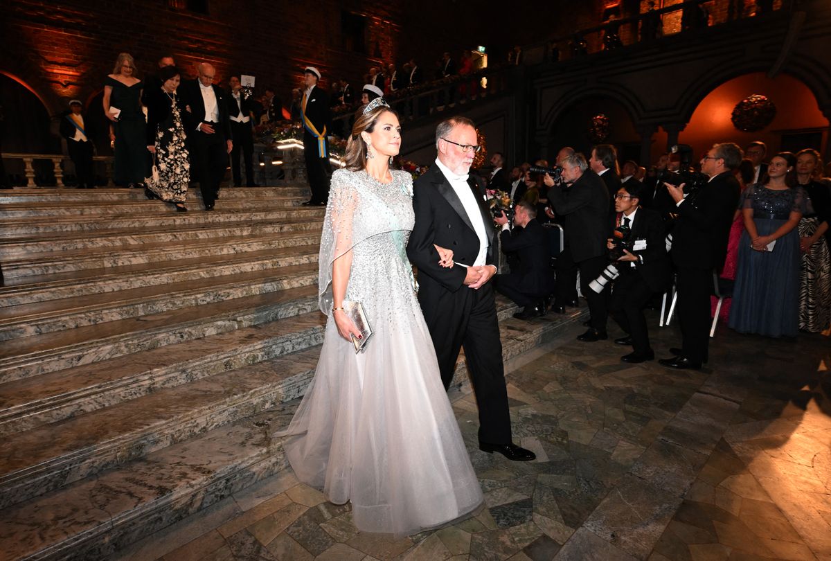 Nobel Prize in Physiology or Medicine 2025 laureate US immunologist Fred Ramsdell and Princess Madeleine of Sweden arrive to attend the Nobel Prize banquet