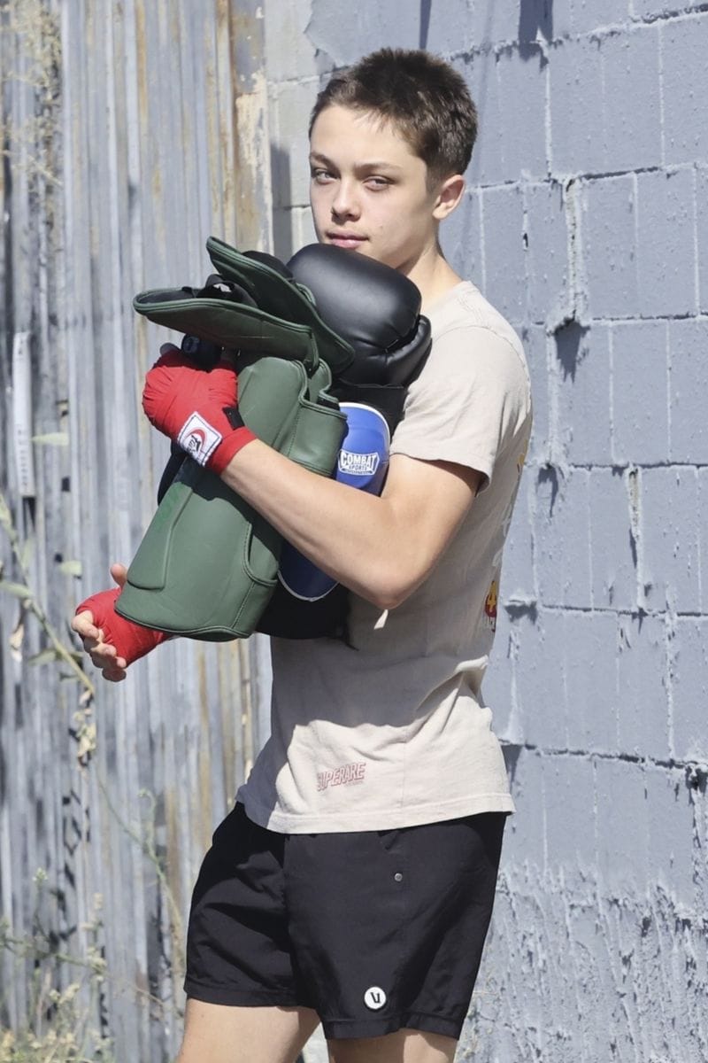Knox Jolie-Pitt was spotted leaving for the gym in Los Angeles, sporting a Muhammad Ali T-shirt and wearing boxing gloves