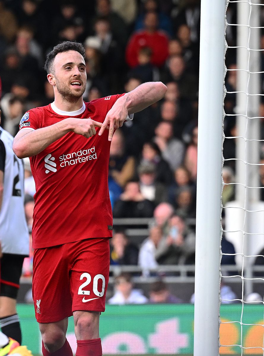  Diogo Jota of Liverpool celebrates after scoring the third Liverpool goal during the Premier League match between Fulham FC and Liverpool FC at Craven Cottage on April 21, 2024 in London, England. (Photo by John Powell/Liverpool FC via Getty Images)