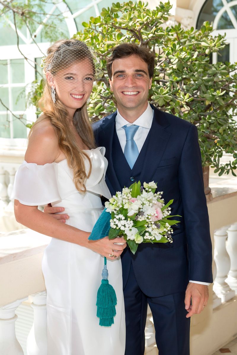 Eleonore von Habsburg and Jérôme d’Ambrosio smile for a portrait on their wedding day in Monaco. The couple tied the knot in an intimate civil ceremony in 2020.