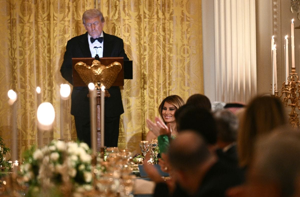 President Donald Trump speaks during an official dinner with Crown Prince and Prime Minister of the Kingdom of Saudi Arabia Mohammed bin Salman in the East Room of the White House 