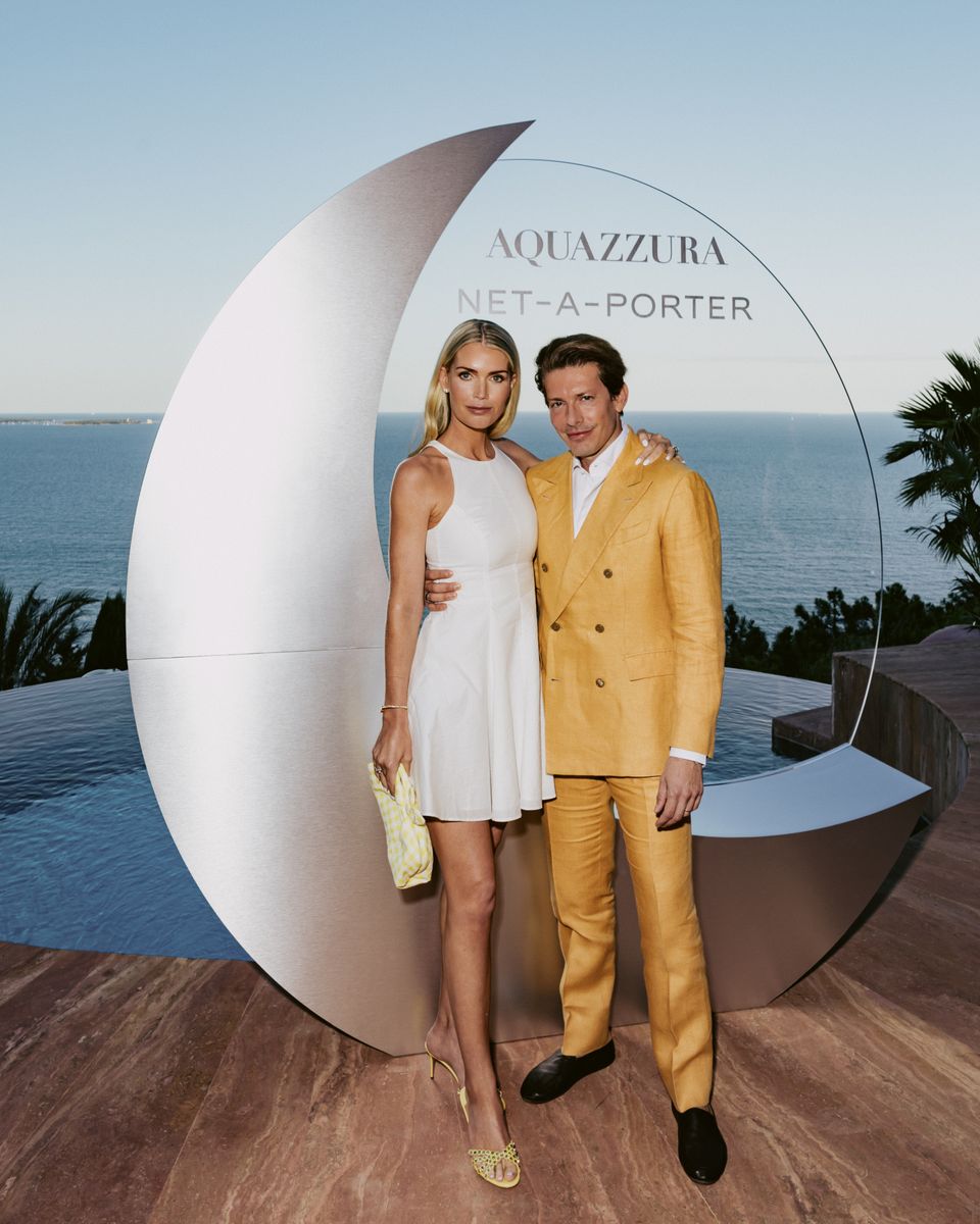 Lady Kitty Spencer embraced timeless Riviera elegance in a chic white mini dress as she posed with Aquazzura founder Edgardo Osorio during the glamorous French Riviera celebration.