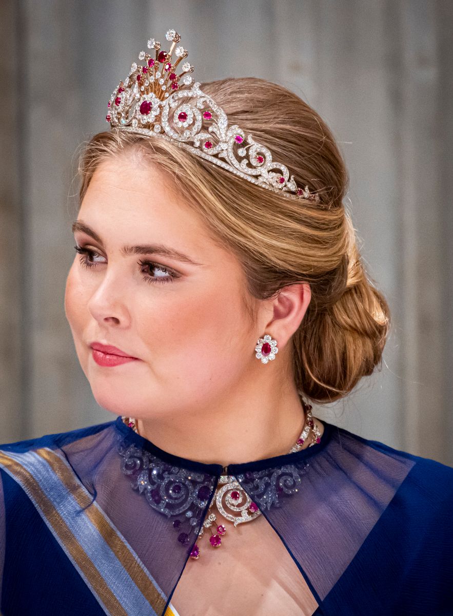 Princess Amalia of The Netherlands at the state banquet for the Spanish Royal couple at the Royal Palace on April 17, 2024 in Amsterdam