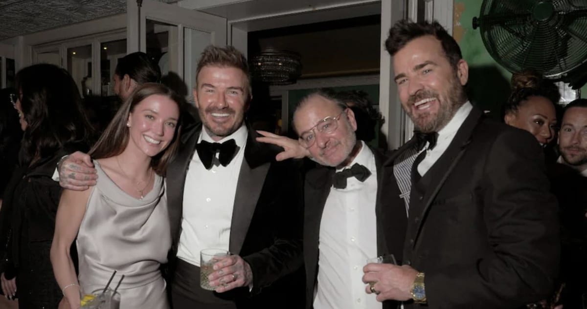 David Beckham alongside Fisher Stevens, Justin Theroux, and Nicole Brydon Bloom