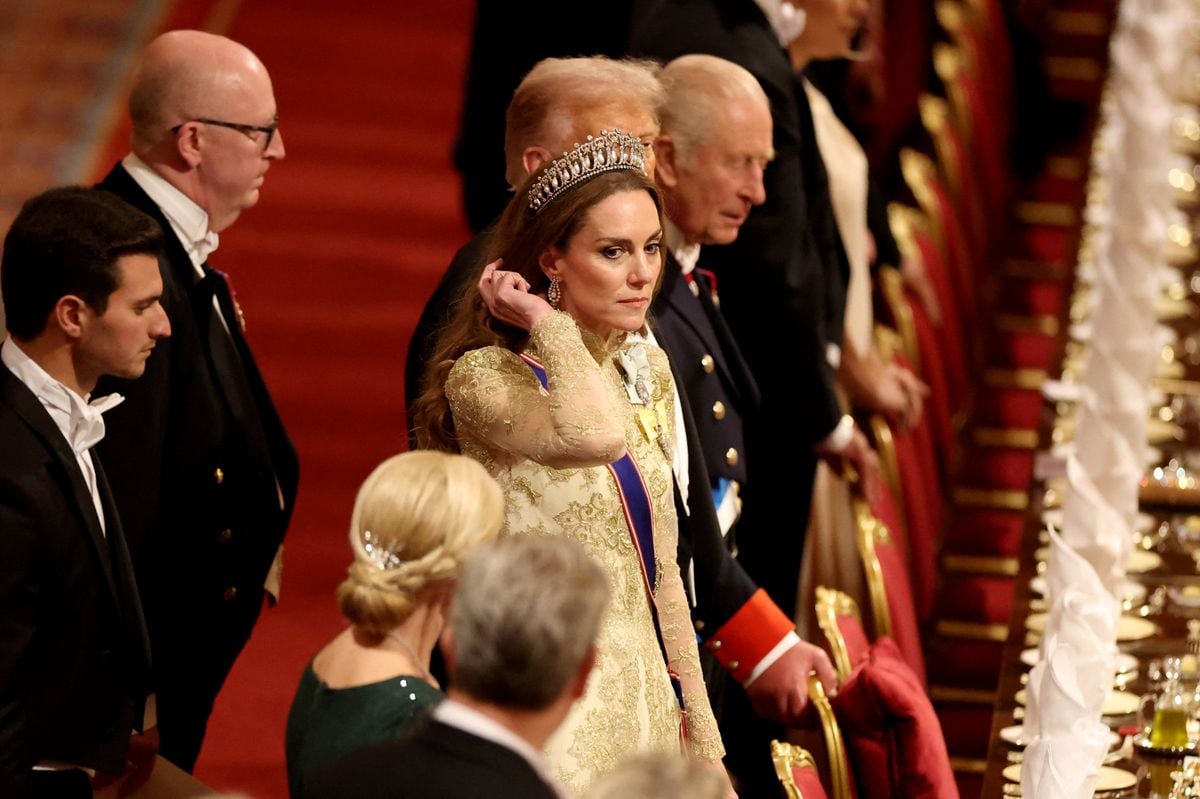 Kate Middleton looked radiant in a floral lace dress and her favorite tiara, the Lover’s Knot.