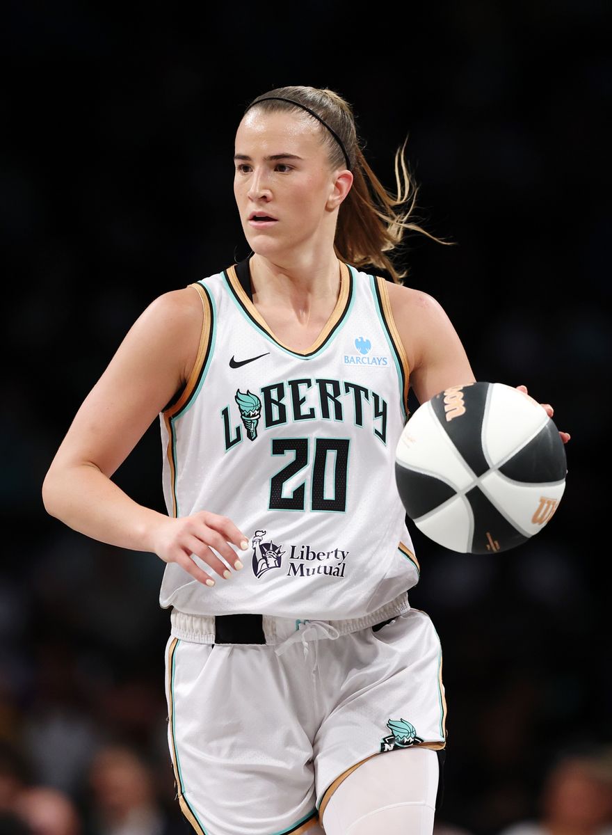 Sabrina Ionescu #20 of the New York Liberty dribbles during the second half against the Chicago Sky at Barclays Center on June 10, 2025 in the Brooklyn borough of New York City. The Liberty won 85-66. 
